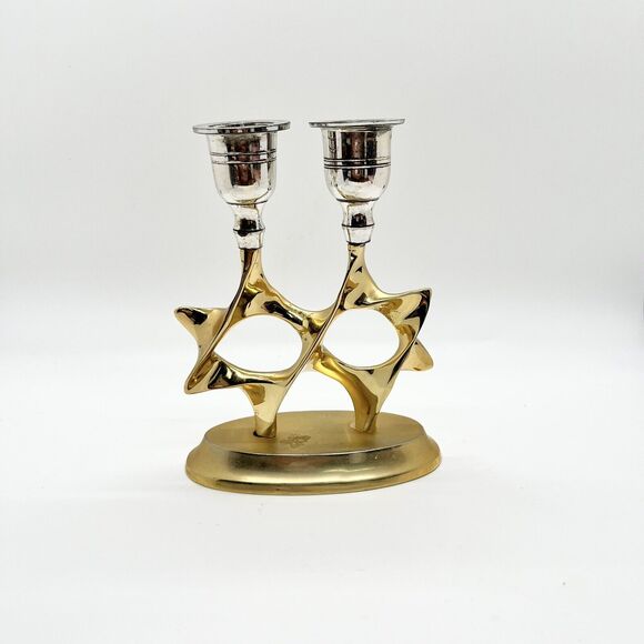 Double Star of David Candle Hold Shabbat Gold Silver Plated Sabbath Judaic 5.5" - Picture 2 of 5